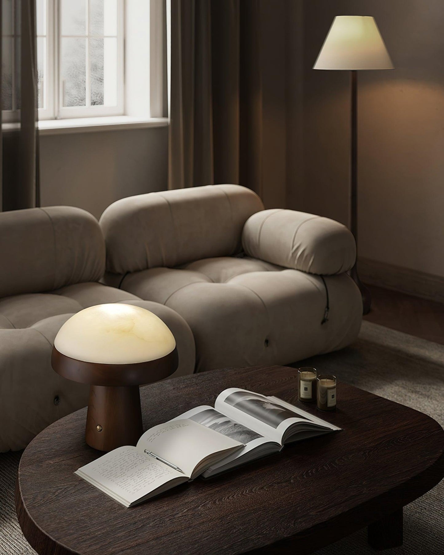 Mushroom Cloud Table Lamp | Wood & Alabaster | White Shade, Walnut & Black Options