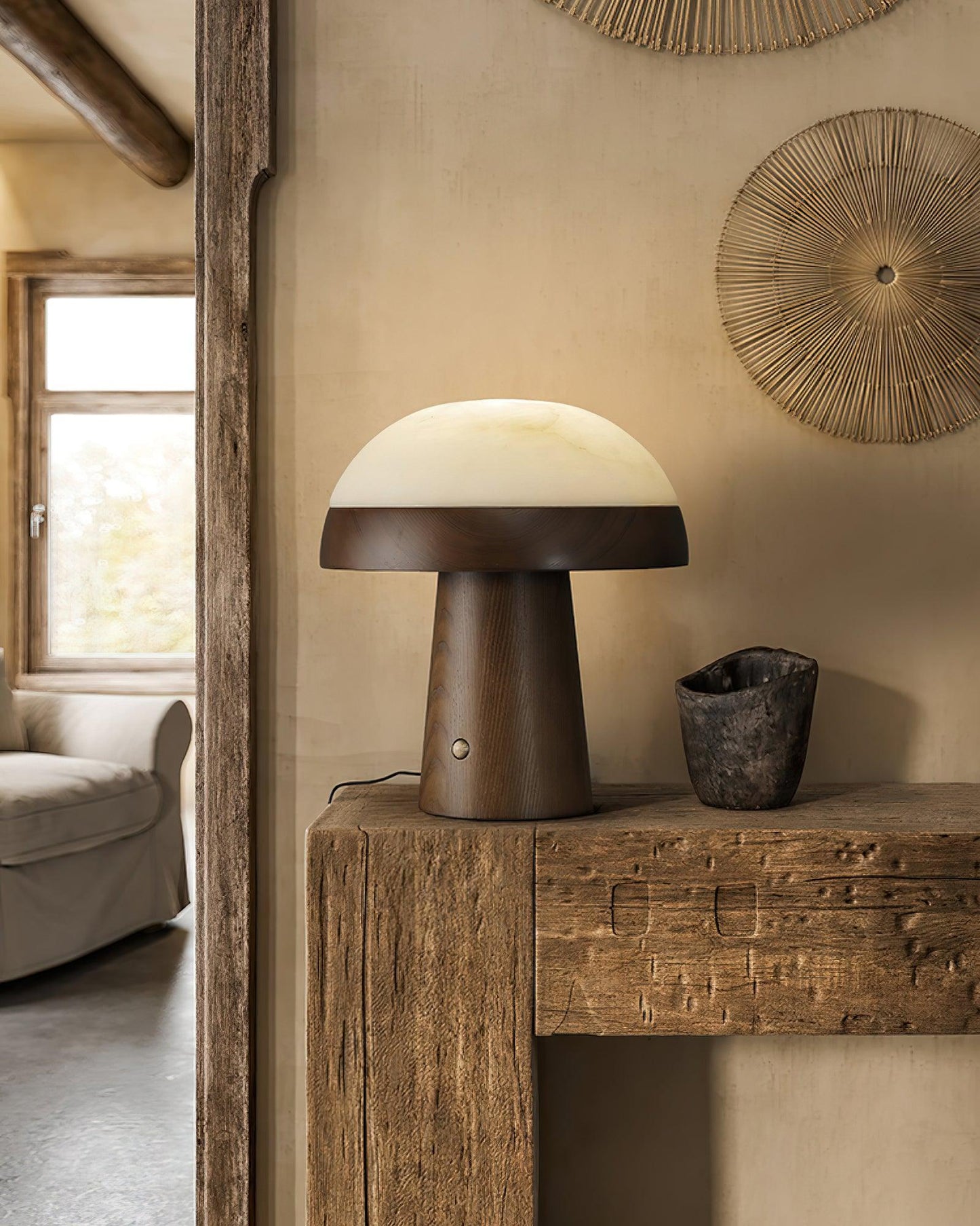Mushroom Cloud Table Lamp | Wood & Alabaster | White Shade, Walnut & Black Options