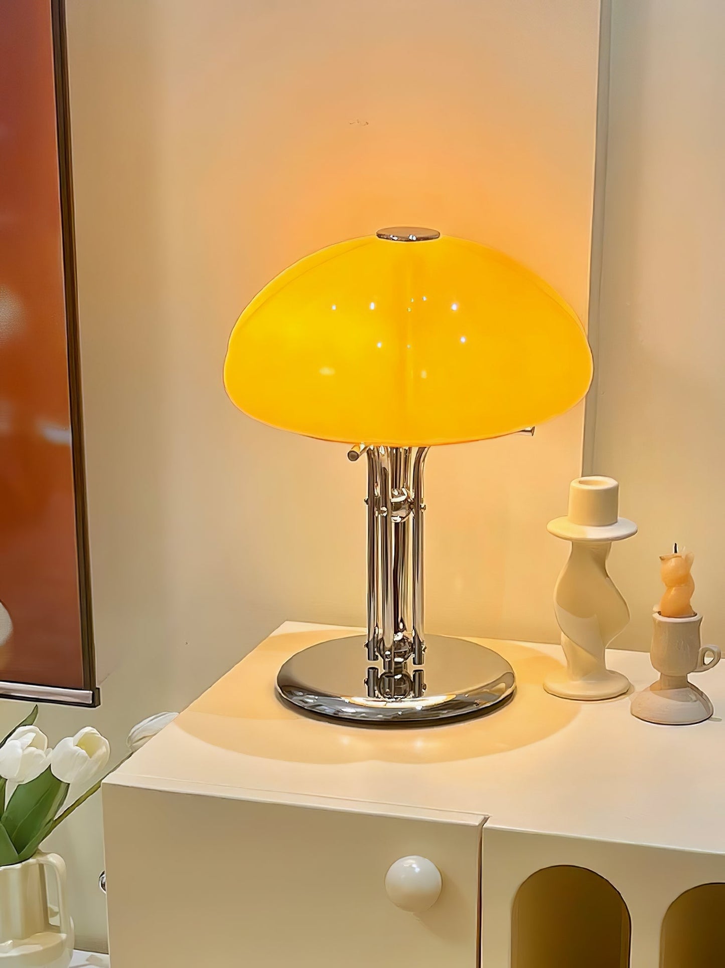 Bauhaus Table Lamp | Amber Glass Shade | Chrome Finish