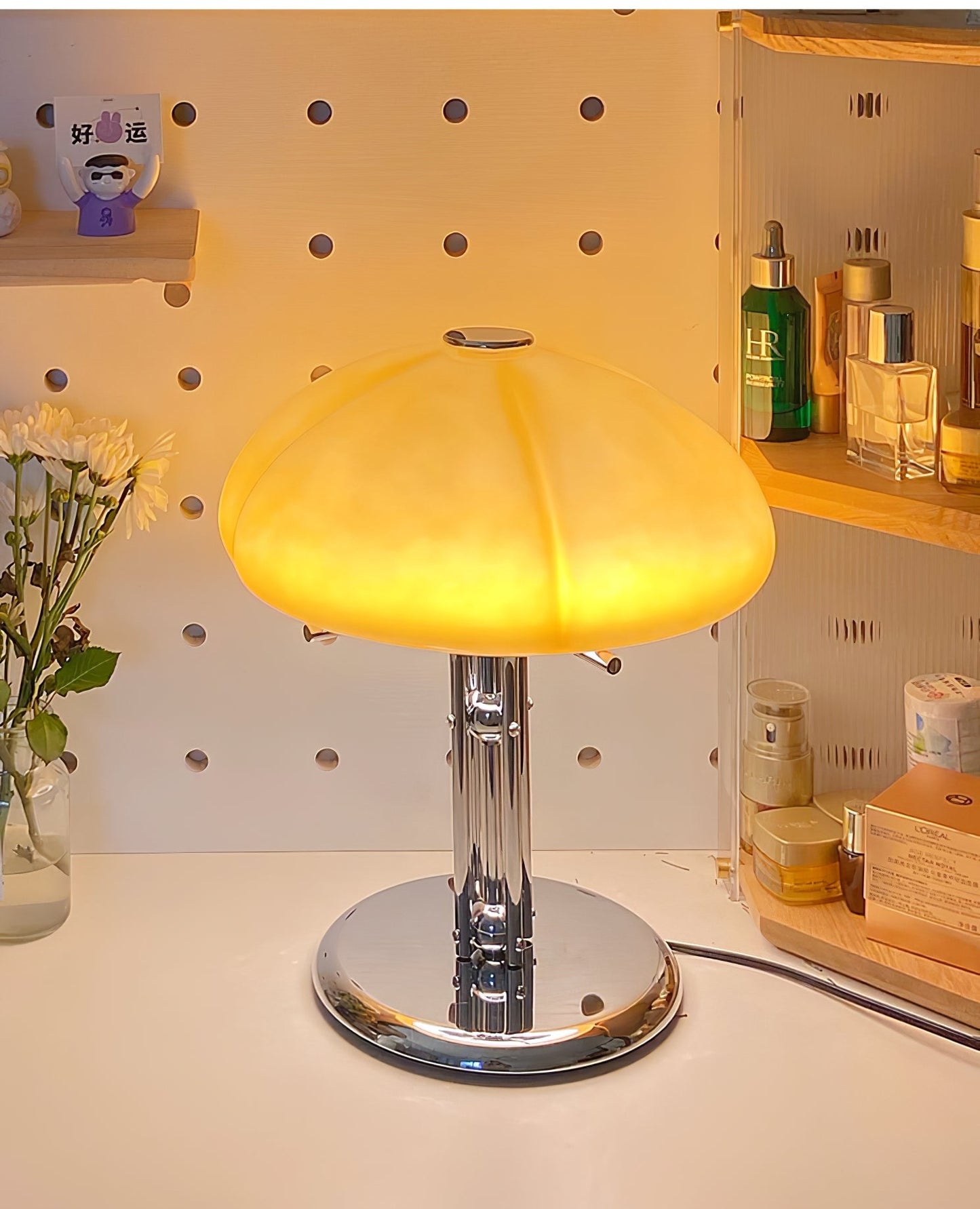 Bauhaus Table Lamp | Amber Glass Shade | Chrome Finish