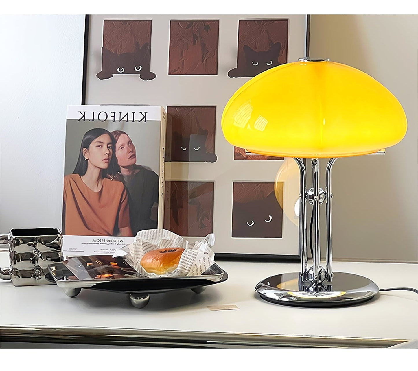 Bauhaus Table Lamp | Amber Glass Shade | Chrome Finish