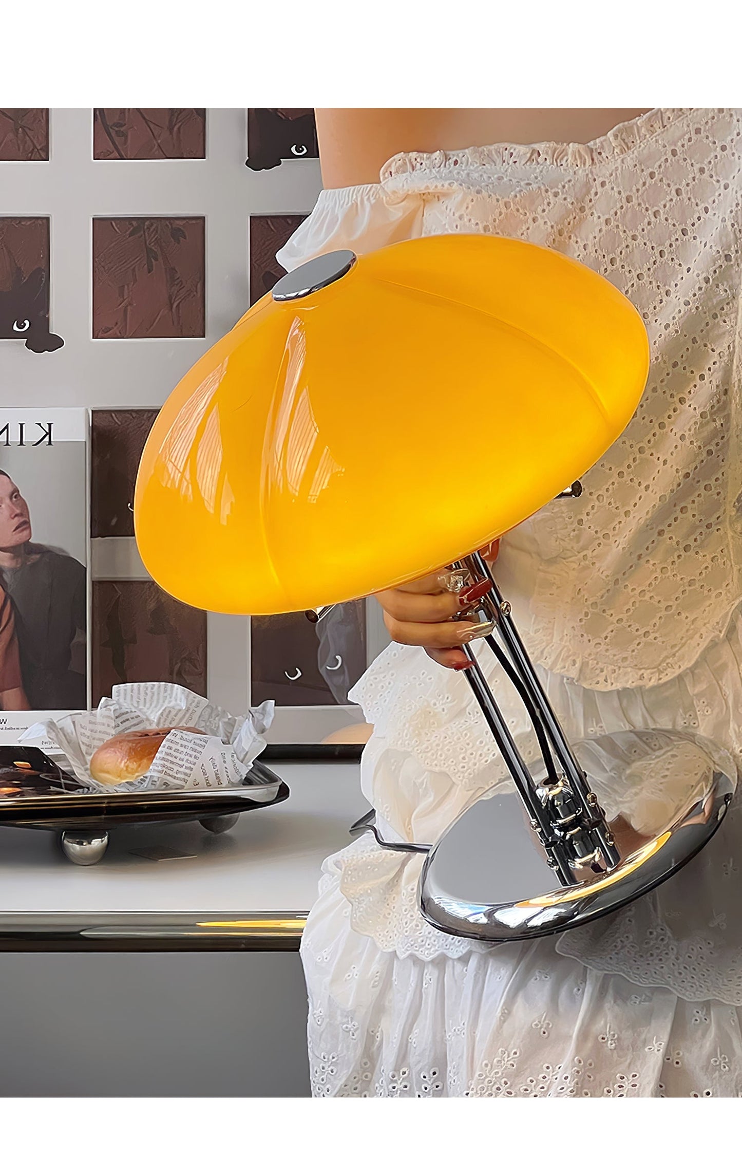 Bauhaus Table Lamp | Amber Glass Shade | Chrome Finish