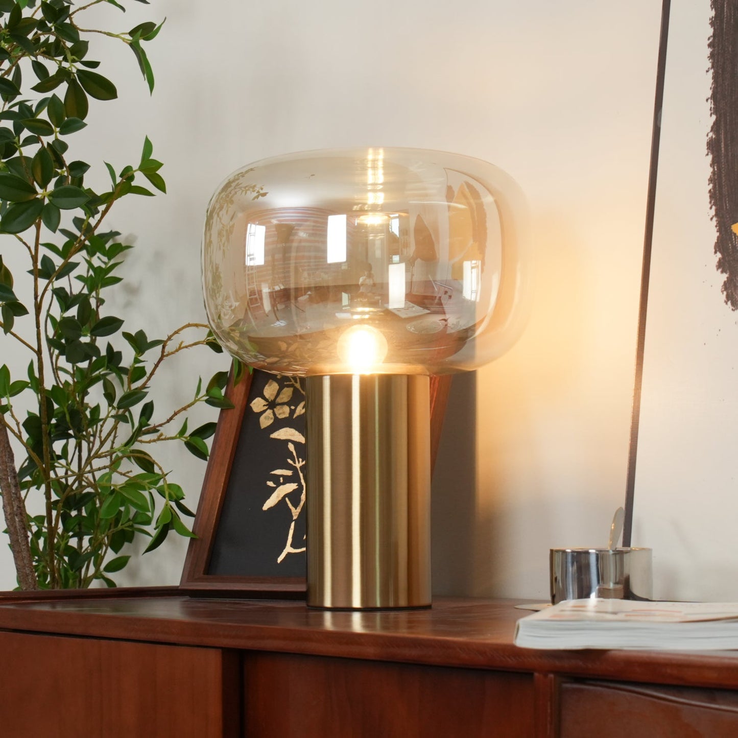 Noak Table Lamp | Smoked Glass & Gold Metal | Mushroom Design