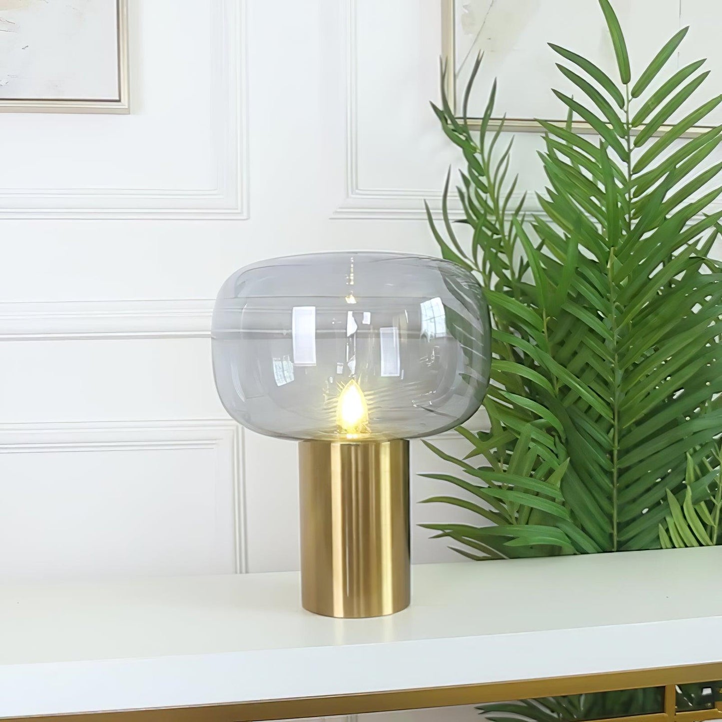 Noak Table Lamp | Smoked Glass & Gold Metal | Mushroom Design