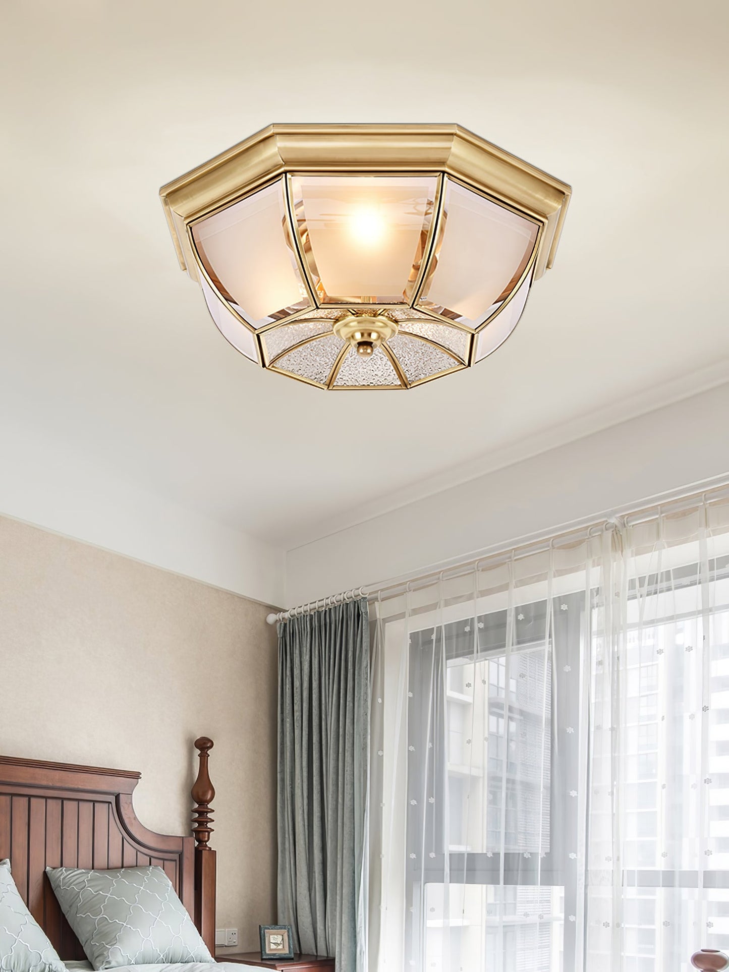 Bowl Shaped Brass Ceiling Lamp | Brass & Glass | White Shade