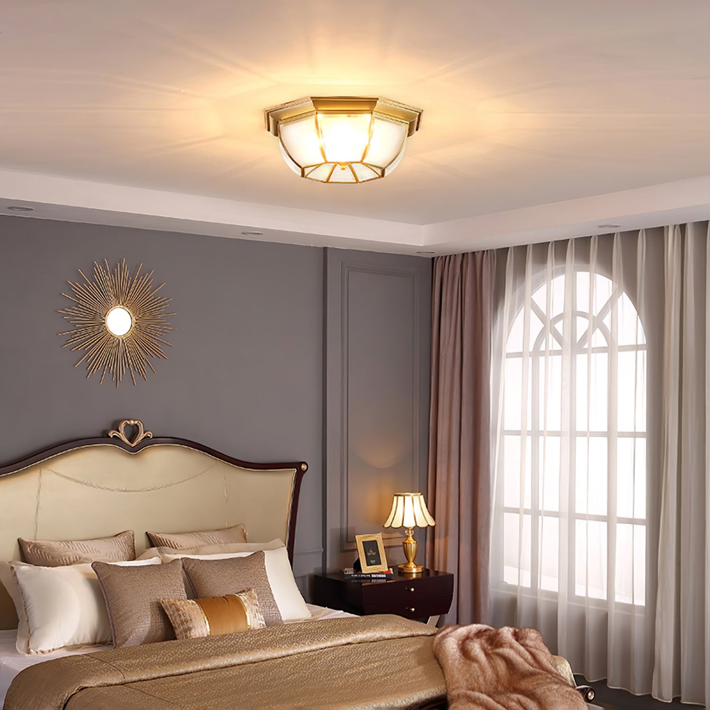 Bowl Shaped Brass Ceiling Lamp | Brass & Glass | White Shade