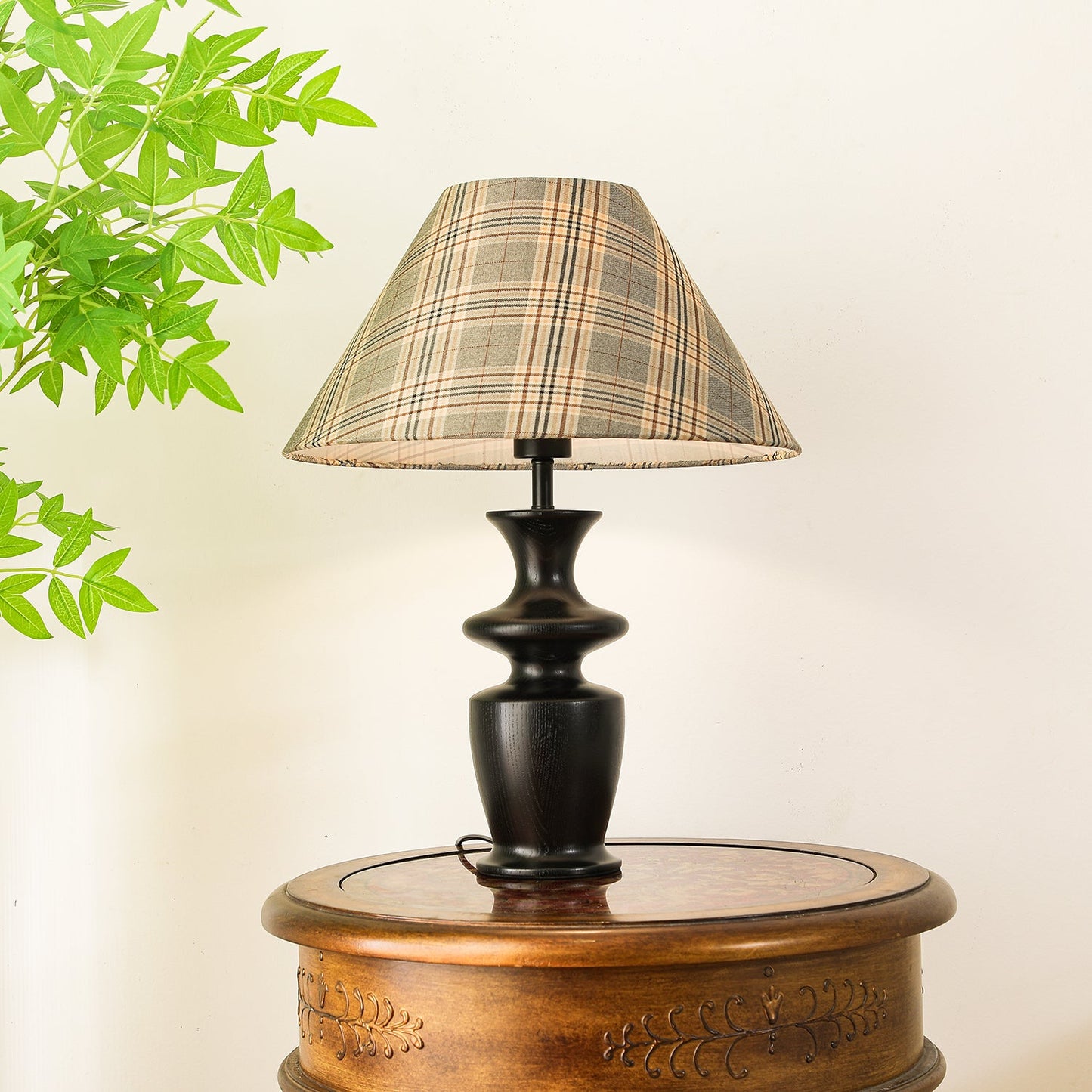 Oliver Table Lamp | Black Wooden Base | Plaid Fabric Shade