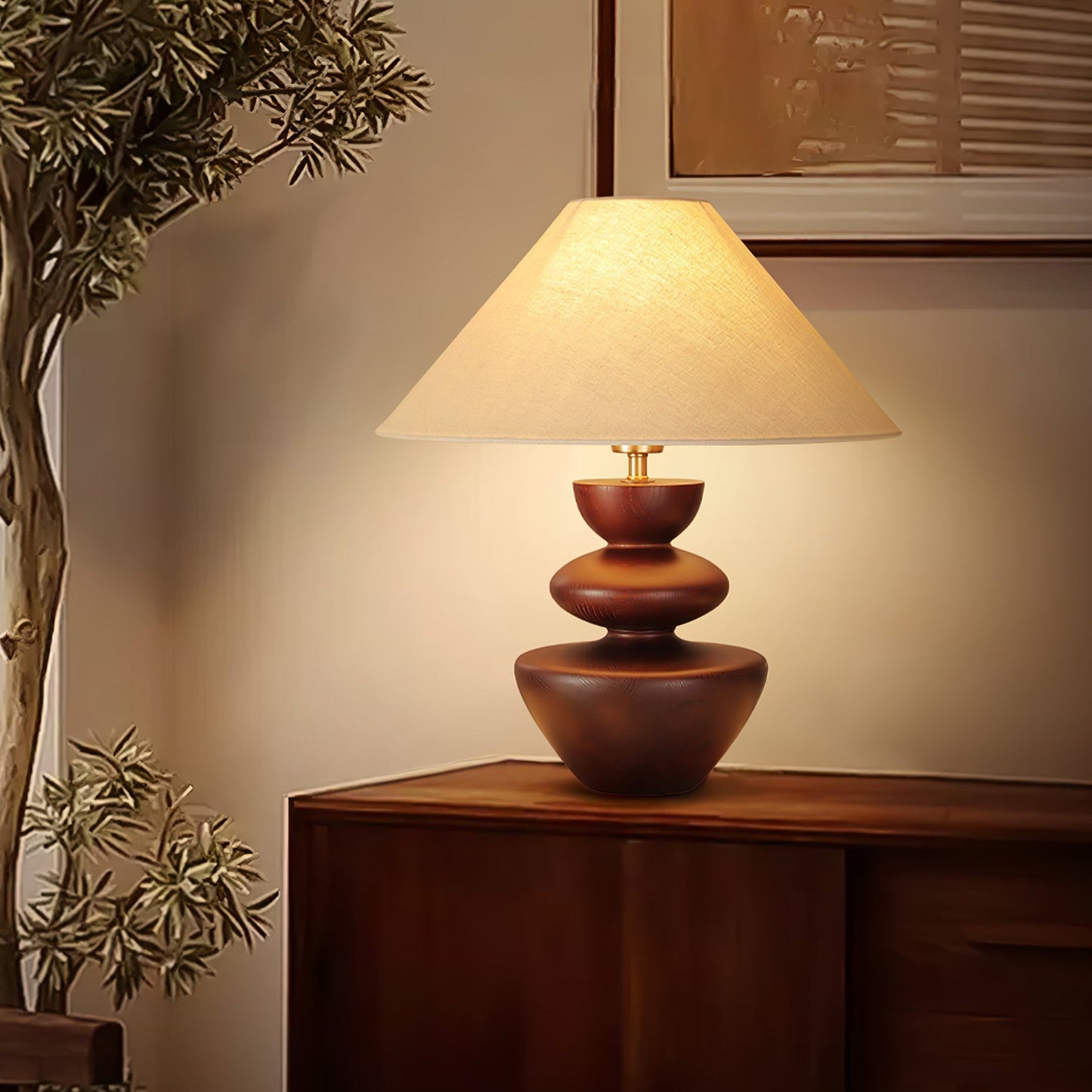 Ombra Totem Table Lamp | Wooden Base | Linen Shade | 40cm Diameter