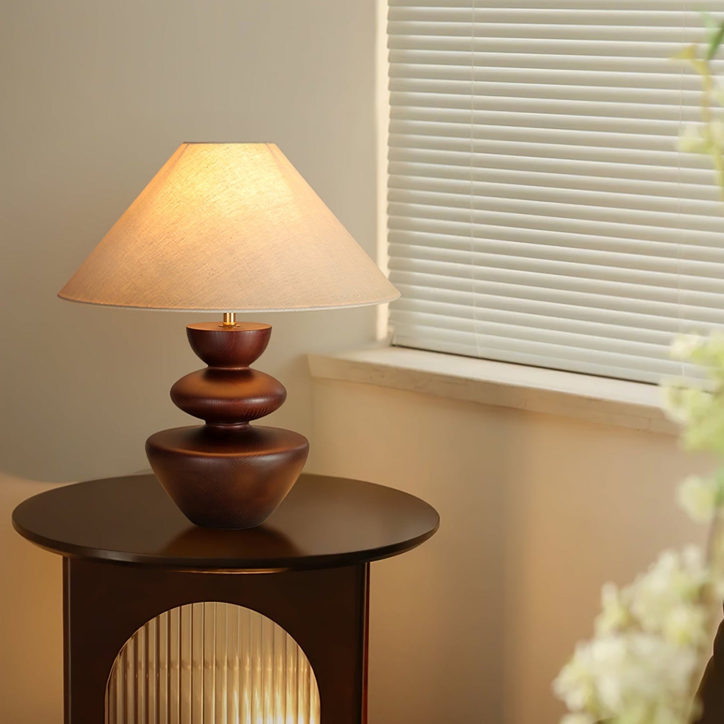 Ombra Totem Table Lamp | Wooden Base | Linen Shade | 40cm Diameter
