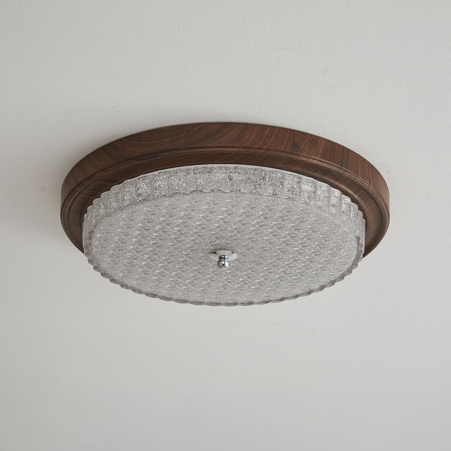 Orvella Ceiling Light | Walnut Wood & Textured Glass | 36cm/46cm Diameter