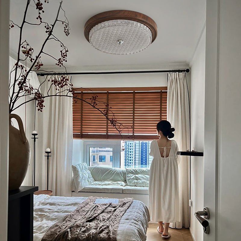 Orvella Ceiling Light | Walnut Wood & Textured Glass | 36cm/46cm Diameter