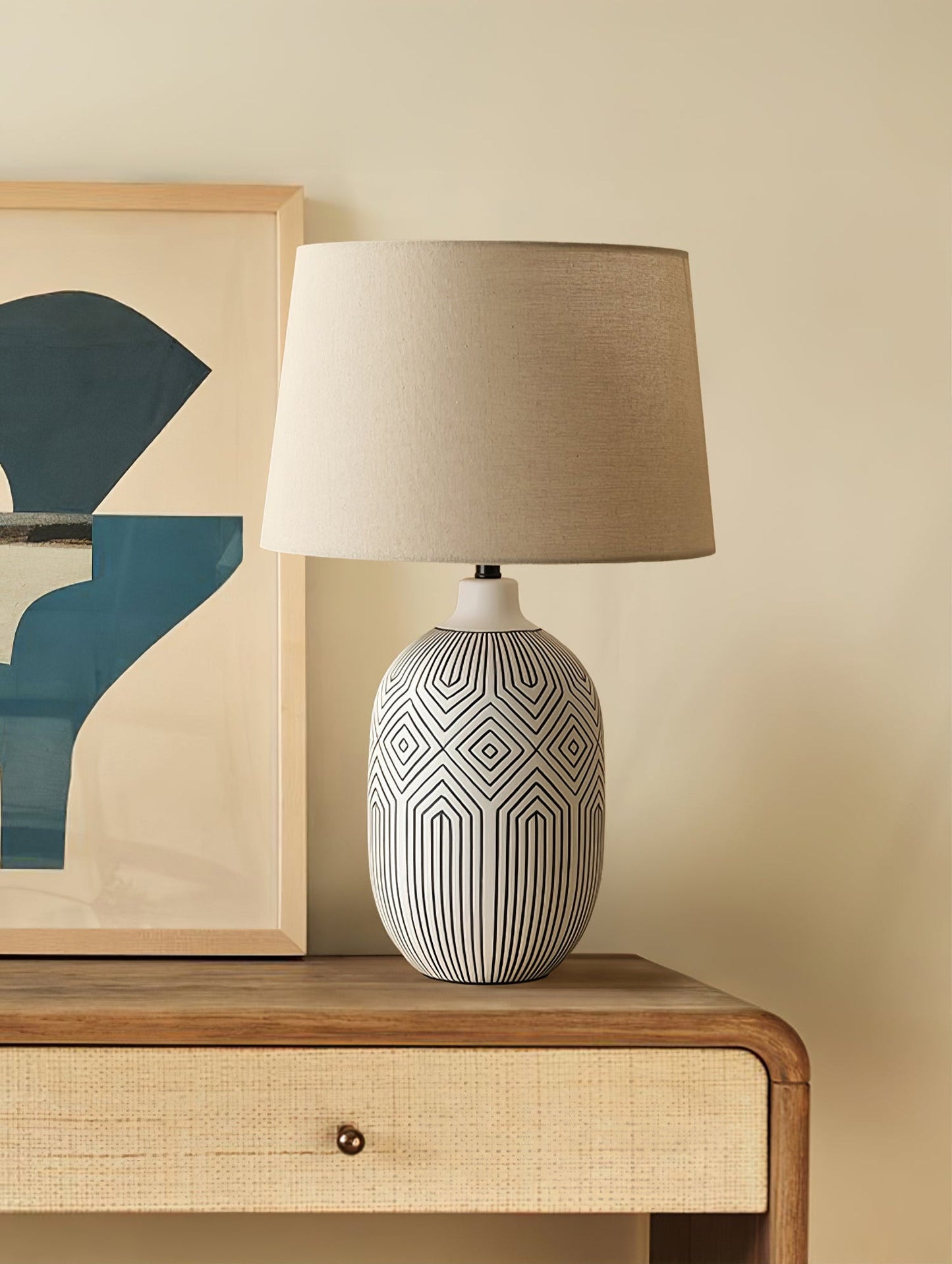 Geometric Table Lamp | Ceramic Base | White & Beige