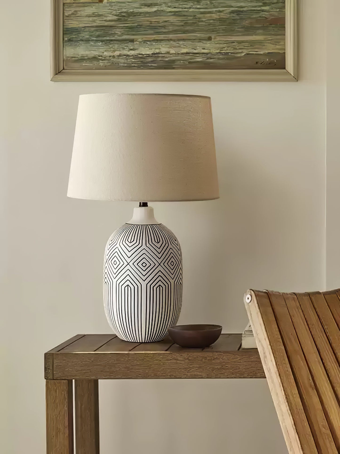 Geometric Table Lamp | Ceramic Base | White & Beige