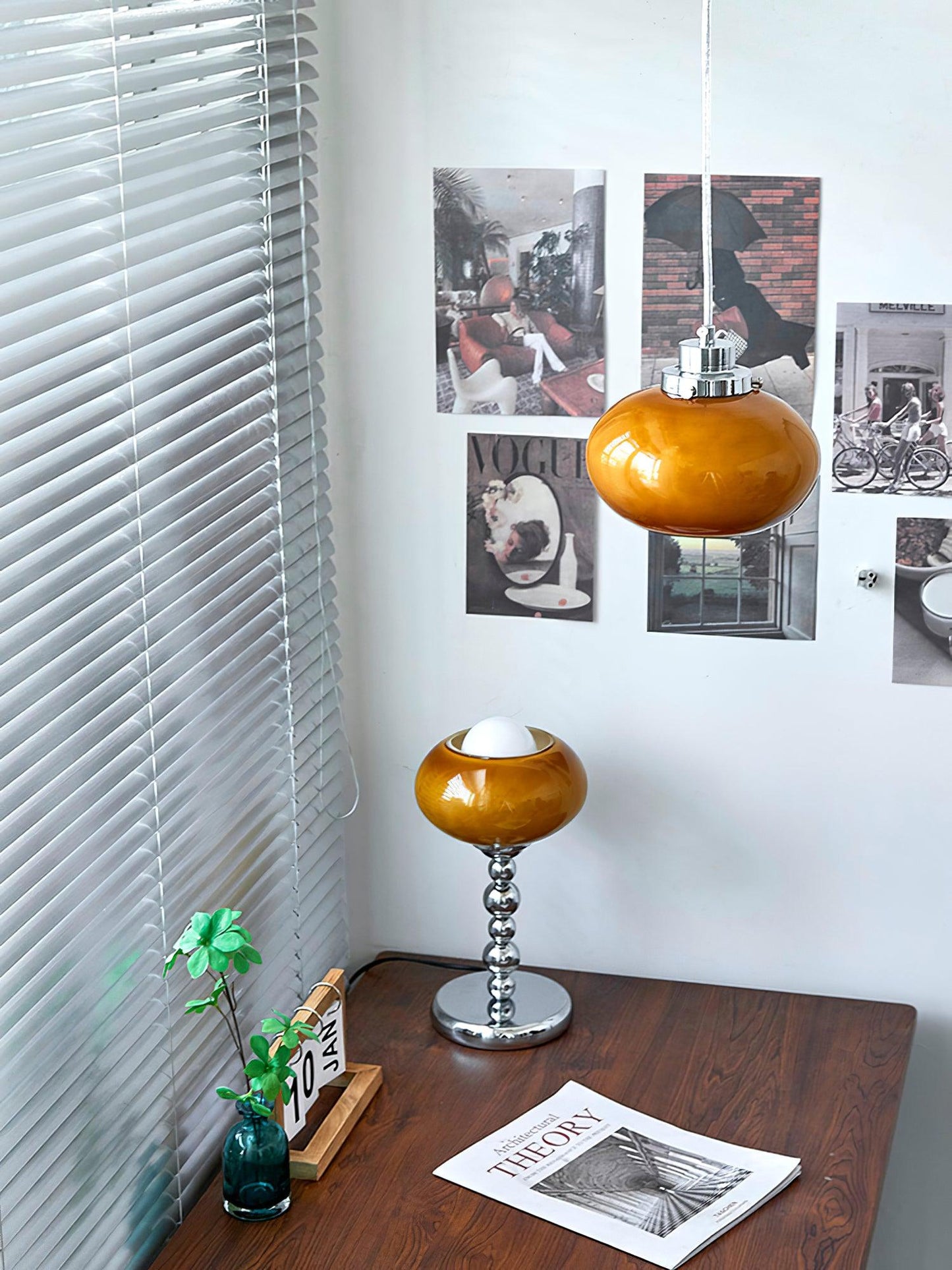 Chrome Table Lamp | Geometric Design | Dark Orange & White Glass