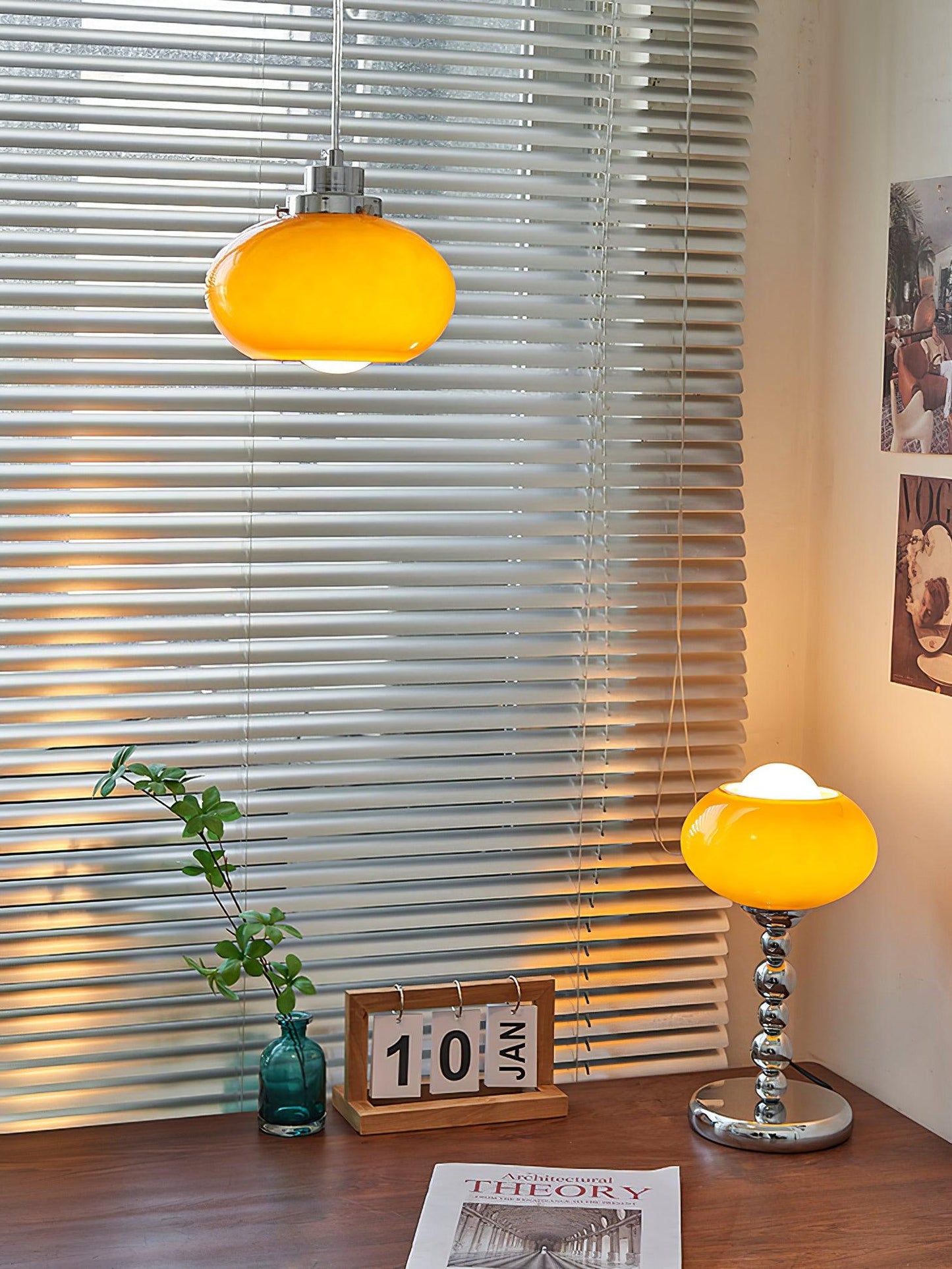 Chrome Table Lamp | Geometric Design | Dark Orange & White Glass
