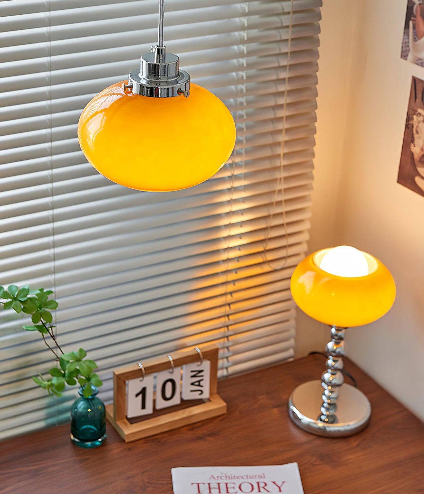 Chrome Table Lamp | Geometric Design | Dark Orange & White Glass