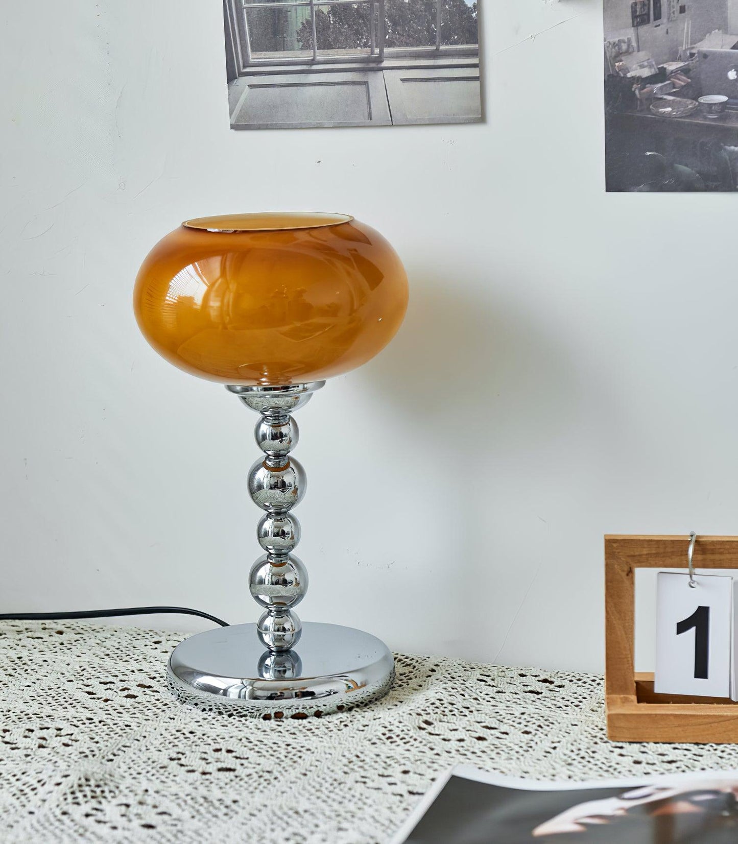 Chrome Table Lamp | Geometric Design | Dark Orange & White Glass