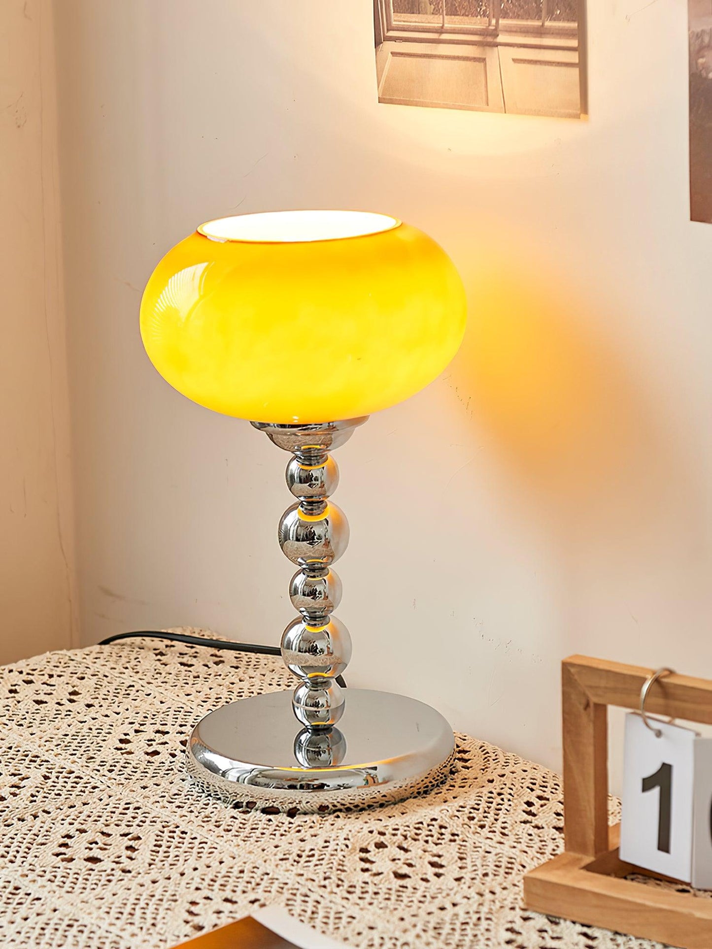 Chrome Table Lamp | Geometric Design | Dark Orange & White Glass
