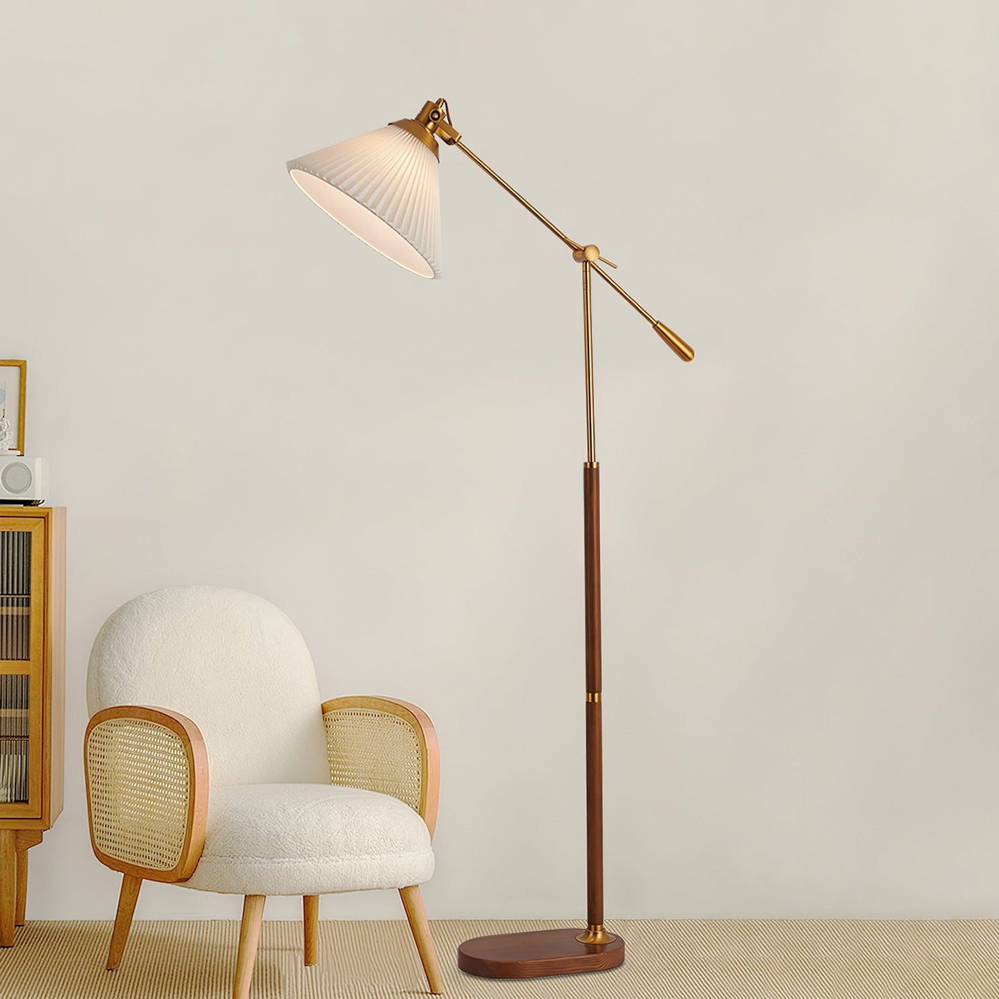 Pleated Floor Lamp | Wooden Base & Fabric Shade | Gold & Walnut