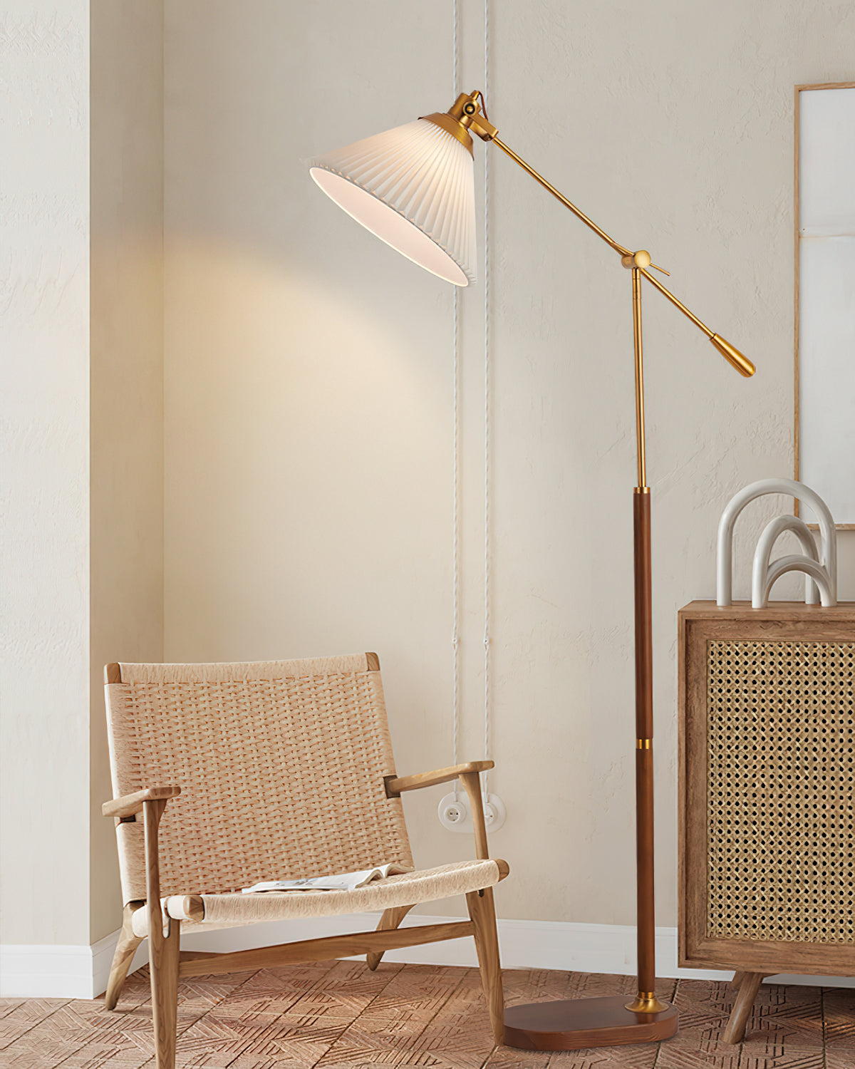 Pleated Floor Lamp | Wooden Base & Fabric Shade | Gold & Walnut