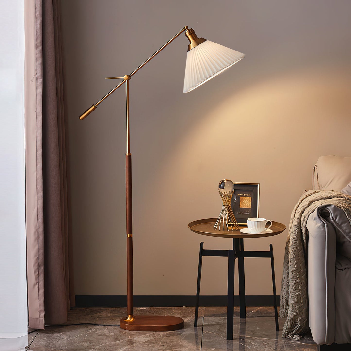 Pleated Floor Lamp | Wooden Base & Fabric Shade | Gold & Walnut