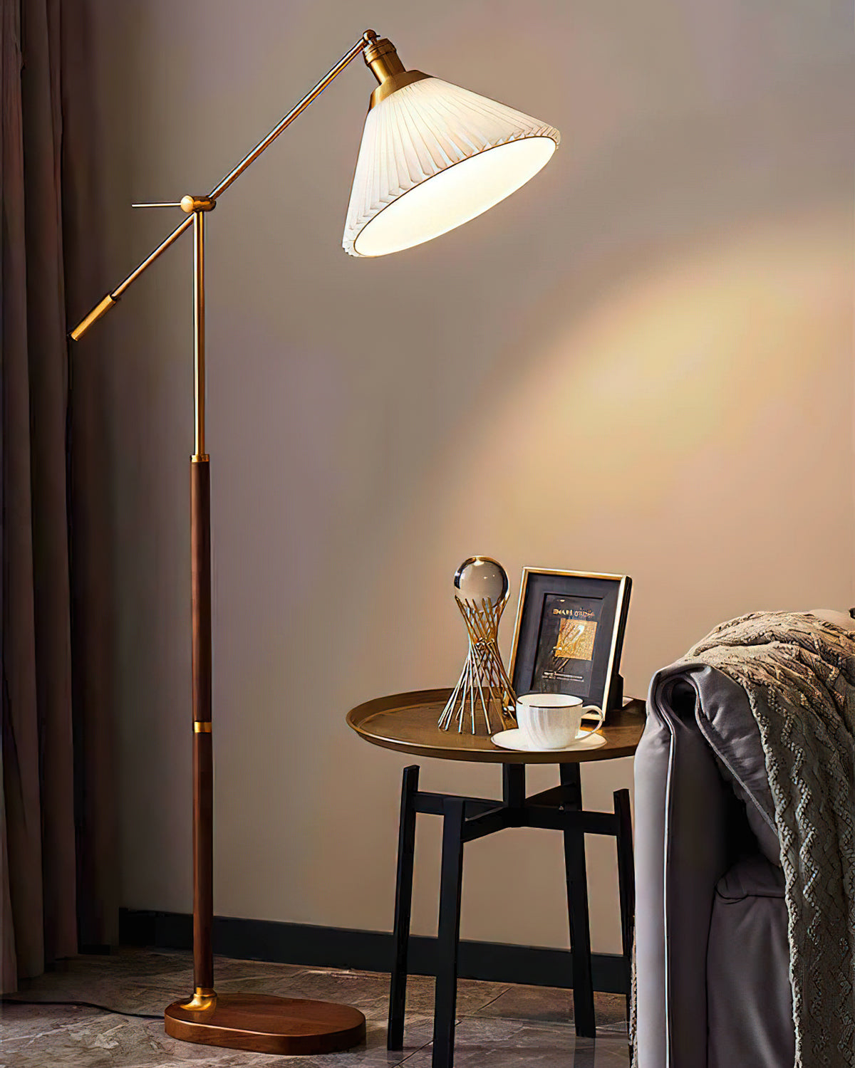 Pleated Floor Lamp | Wooden Base & Fabric Shade | Gold & Walnut