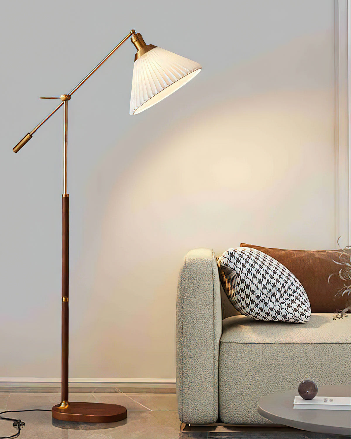 Pleated Floor Lamp | Wooden Base & Fabric Shade | Gold & Walnut