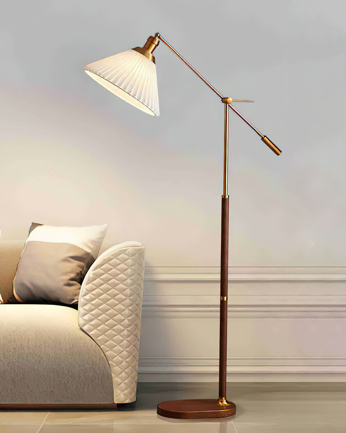 Pleated Floor Lamp | Wooden Base & Fabric Shade | Gold & Walnut