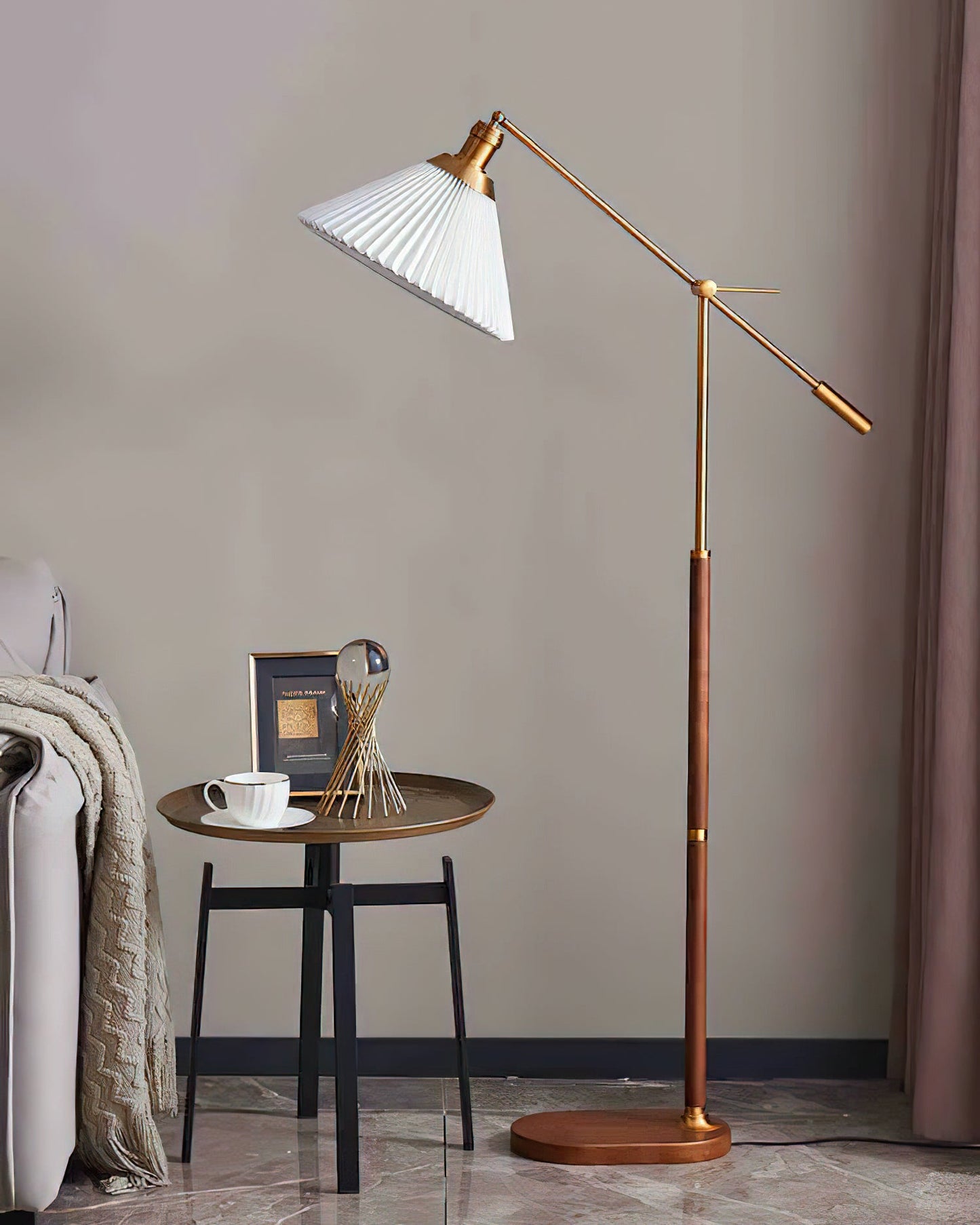 Pleated Floor Lamp | Wooden Base & Fabric Shade | Gold & Walnut