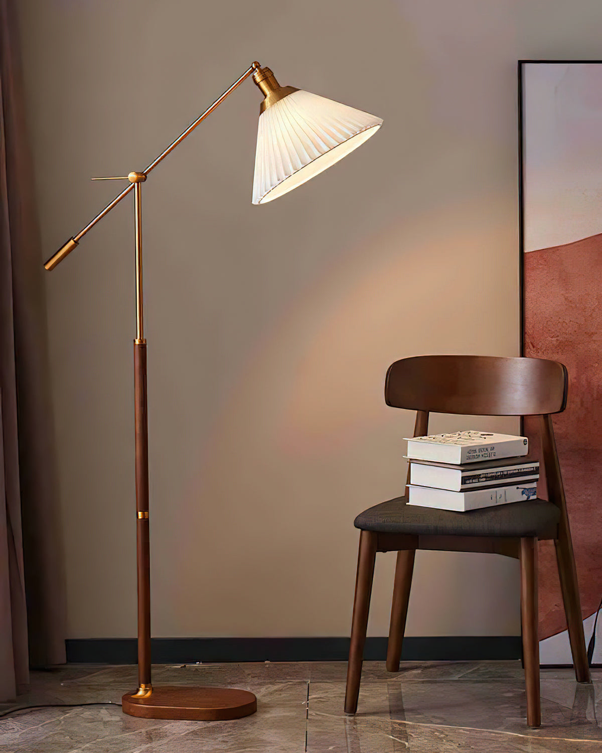 Pleated Floor Lamp | Wooden Base & Fabric Shade | Gold & Walnut