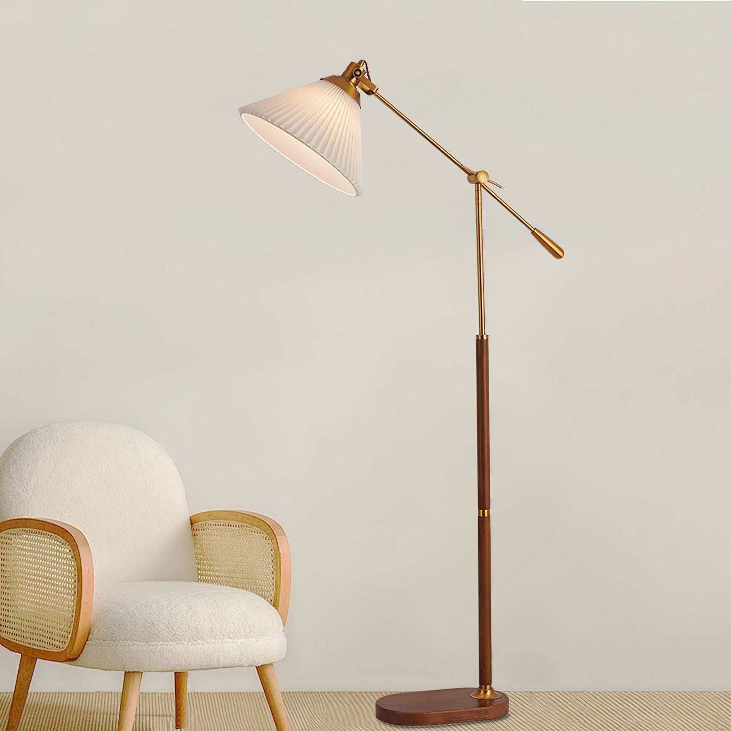 Pleated Floor Lamp | Wooden Base & Fabric Shade | Gold & Walnut