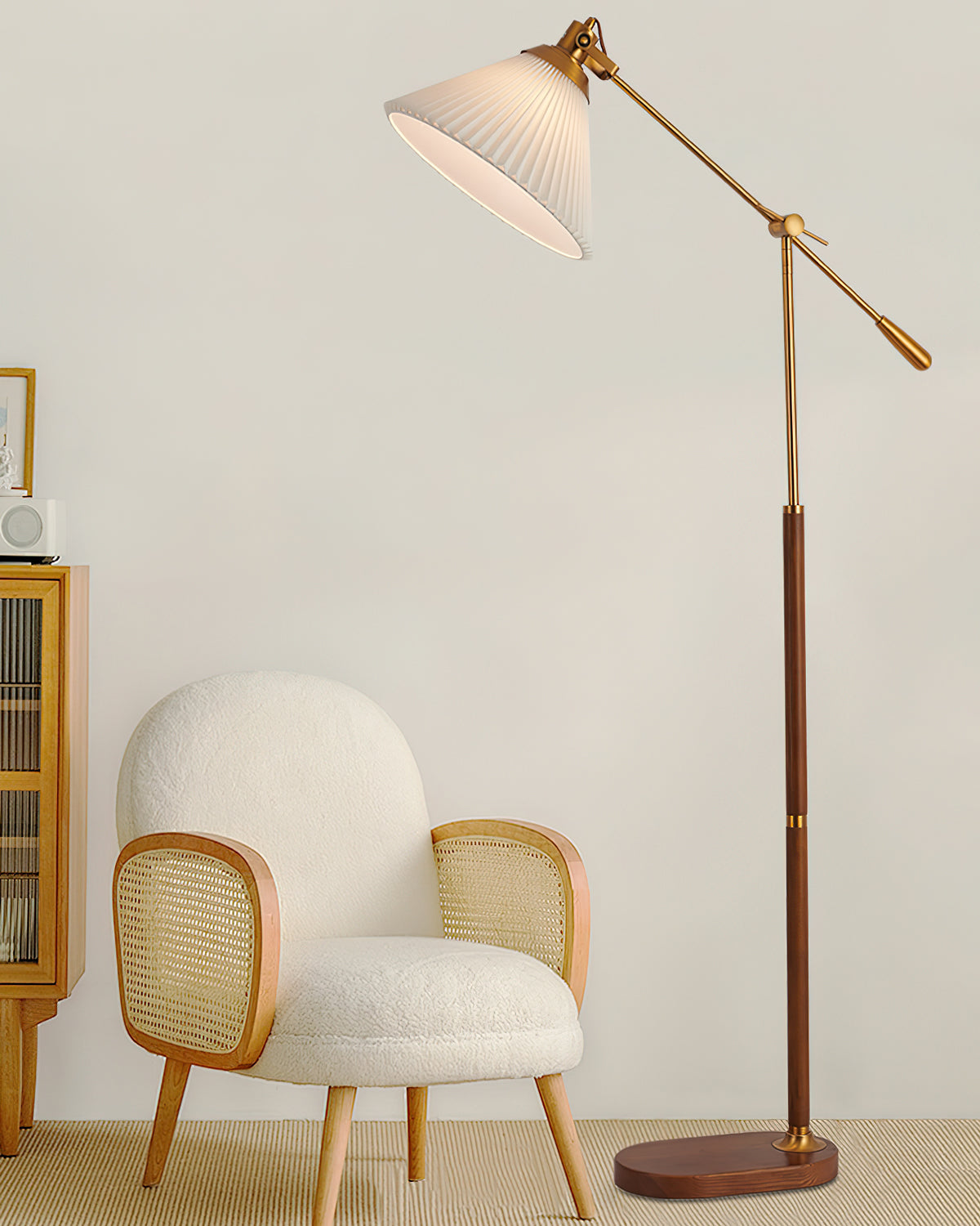 Pleated Floor Lamp | Wooden Base & Fabric Shade | Gold & Walnut