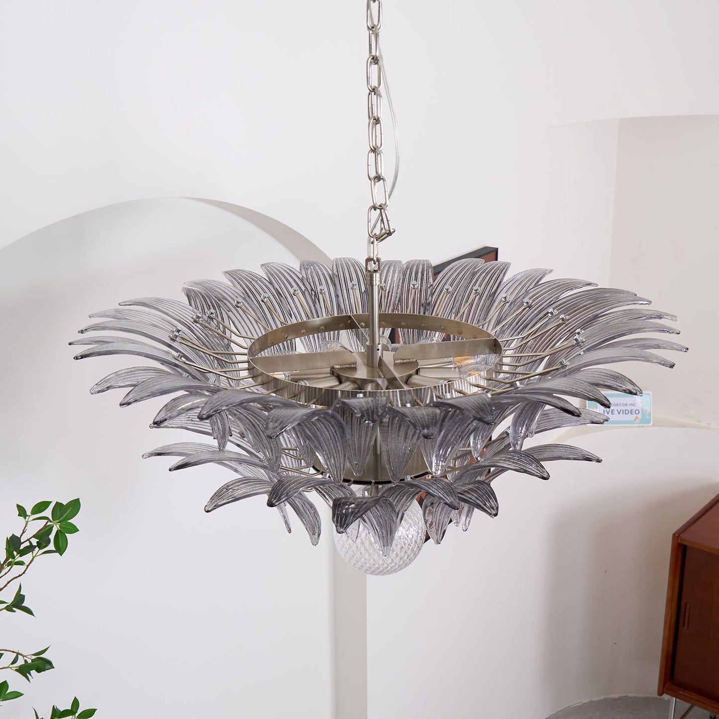 Pavia Glass Chandelier | Metal Frame | Chrome and Grey