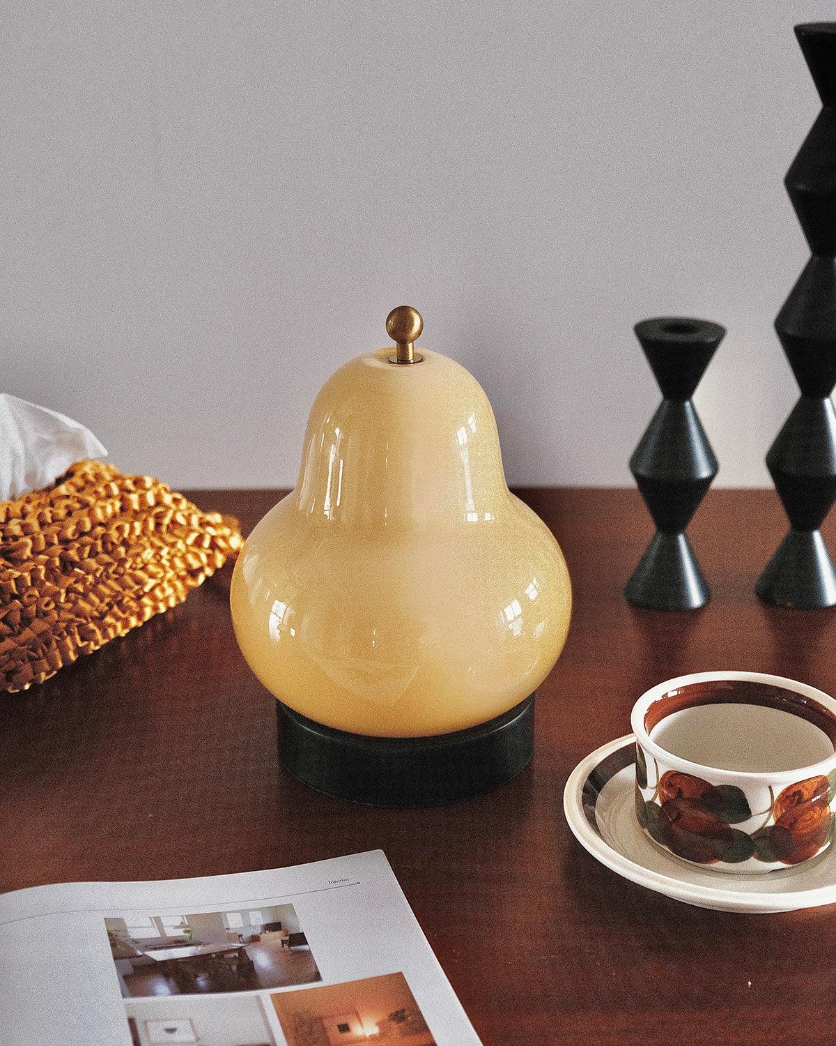 Pear Table Lamp | Vintage Metal & Glass | Gold and Cream