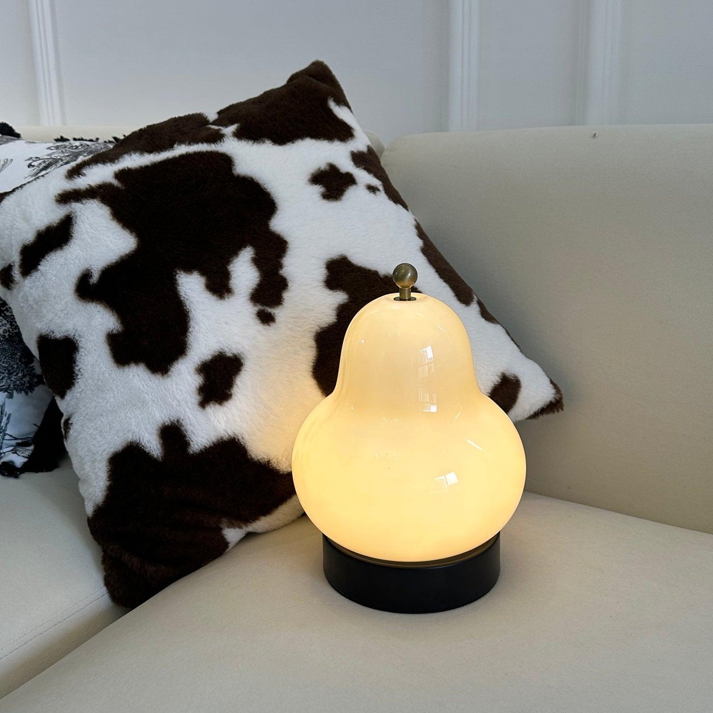 Pear Table Lamp | Vintage Metal & Glass | Gold and Cream