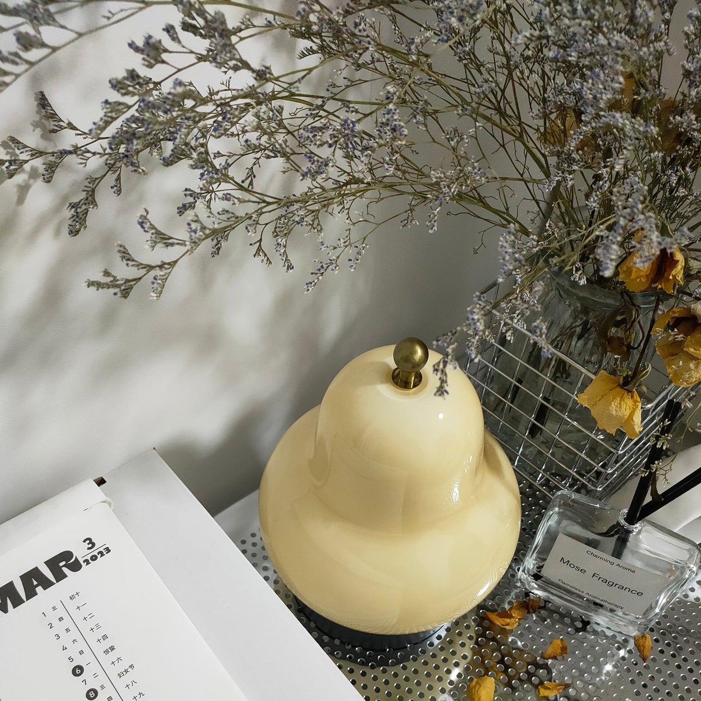 Pear Table Lamp | Vintage Metal & Glass | Gold and Cream
