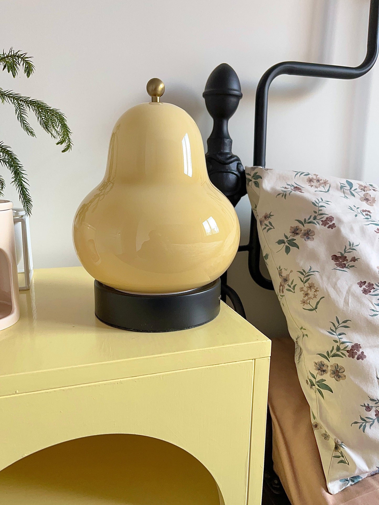 Pear Table Lamp | Vintage Metal & Glass | Gold and Cream
