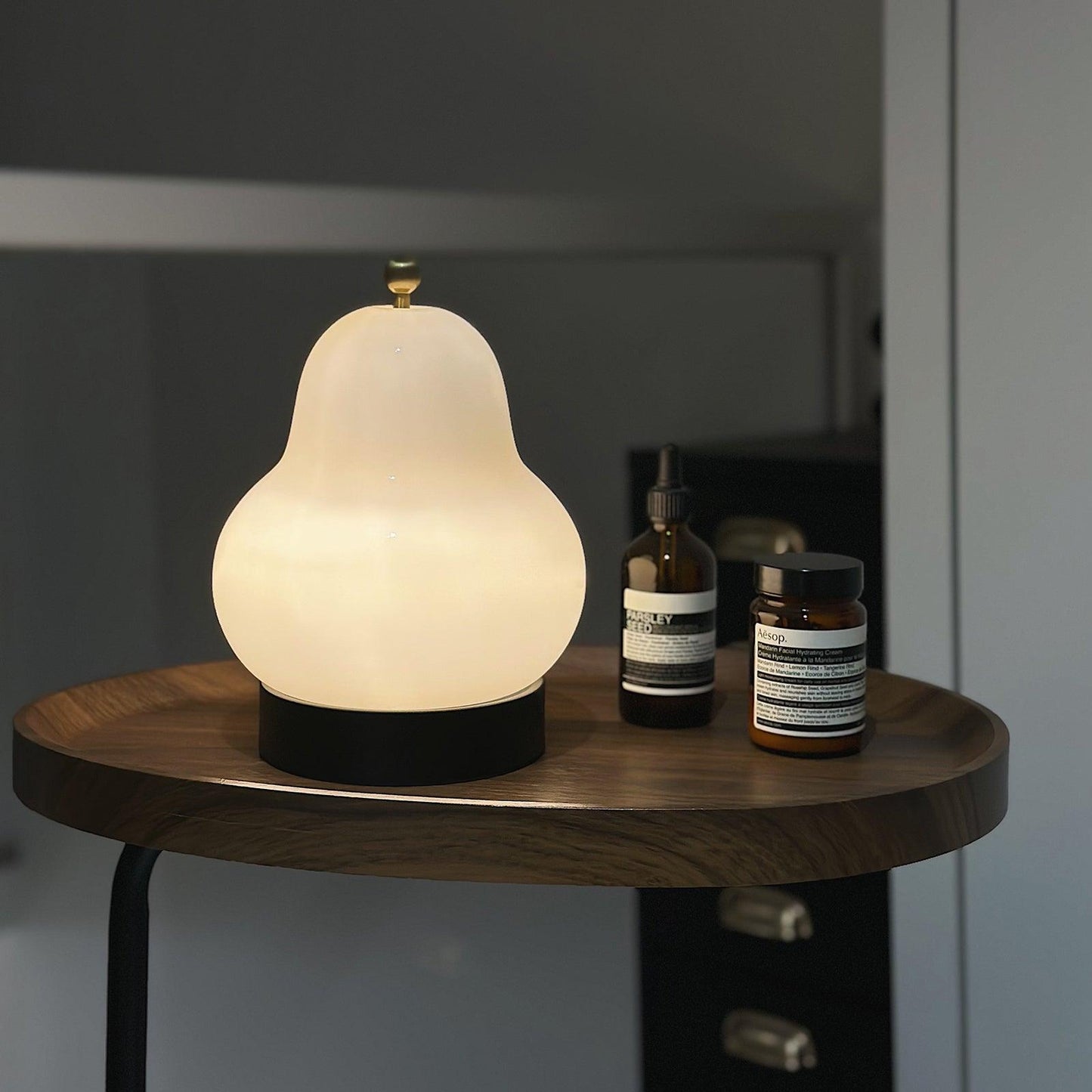 Pear Table Lamp | Vintage Metal & Glass | Gold and Cream