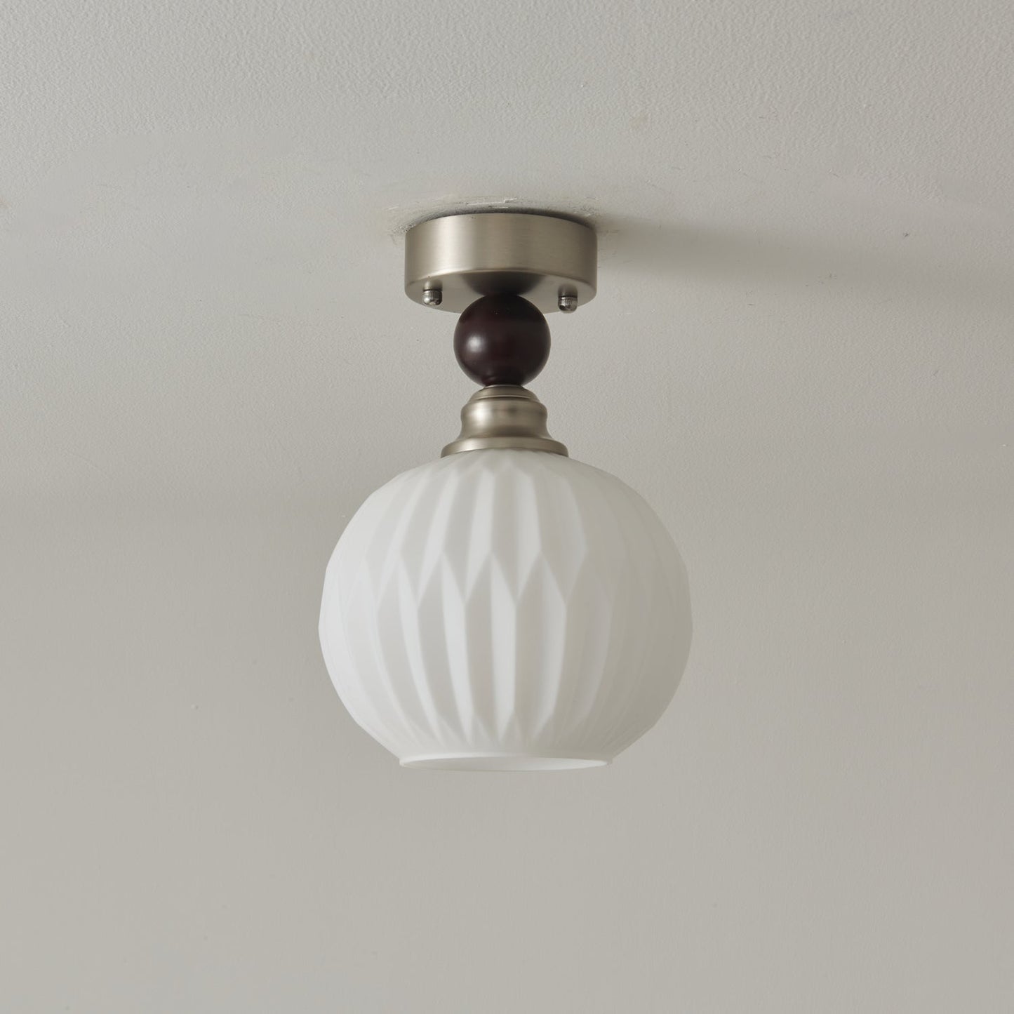 Pearl Sphere Ceiling Lamp | Frosted Glass & Walnut | 18cm Diameter