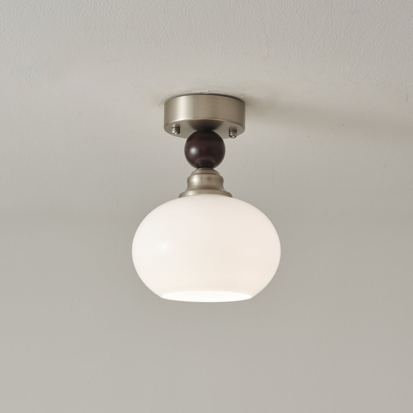 Pearl Sphere Ceiling Lamp | Frosted Glass & Walnut | 18cm Diameter
