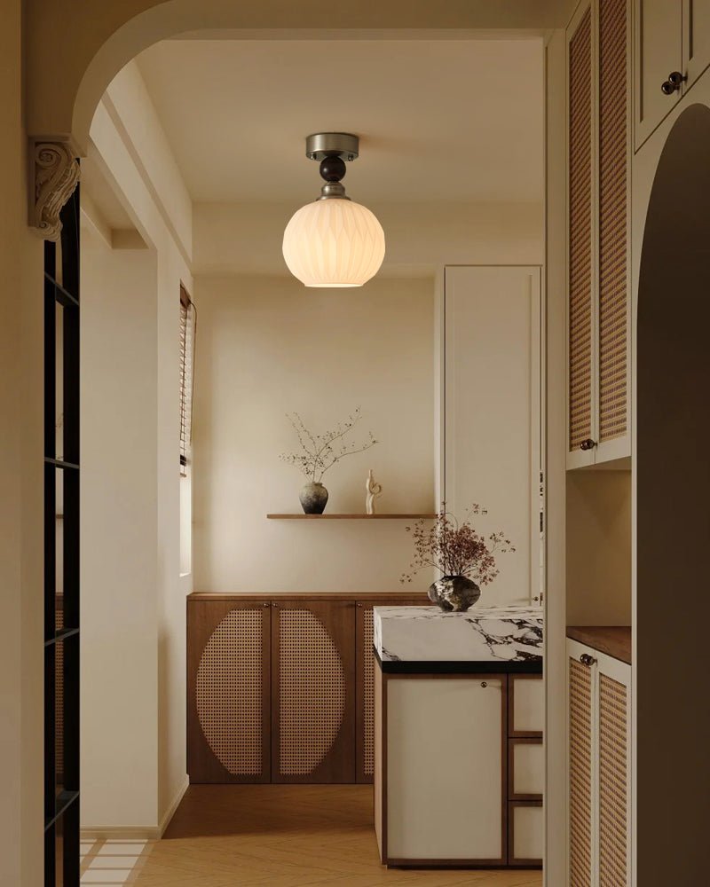 Pearl Sphere Ceiling Lamp | Frosted Glass & Walnut | 18cm Diameter