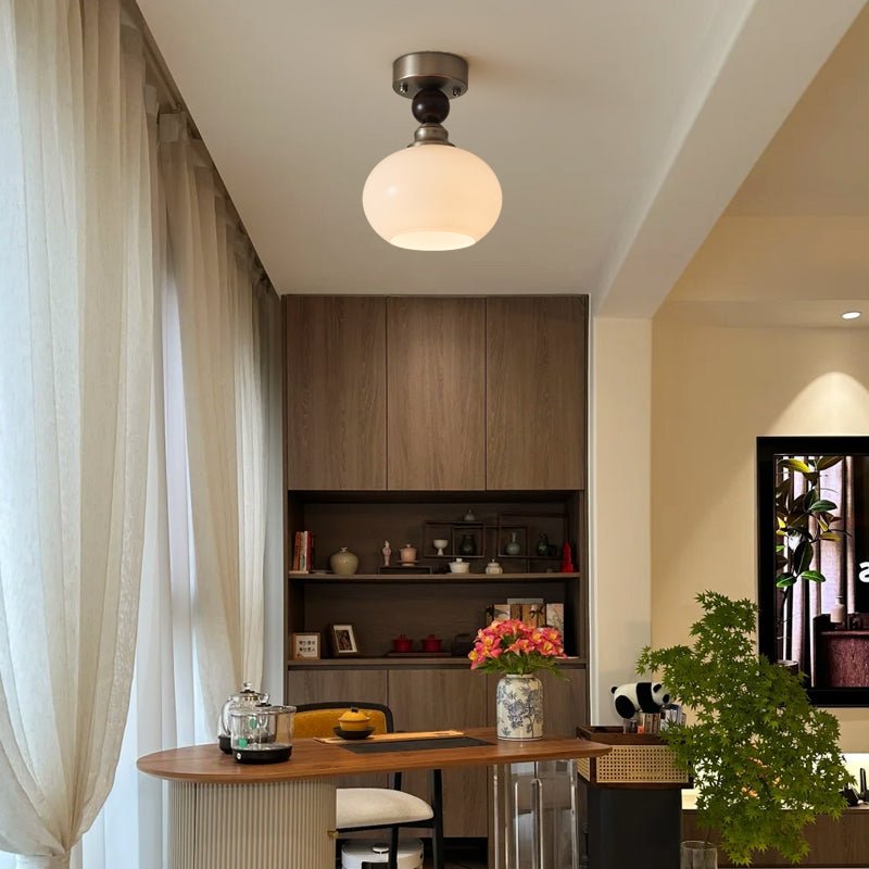 Pearl Sphere Ceiling Lamp | Frosted Glass & Walnut | 18cm Diameter
