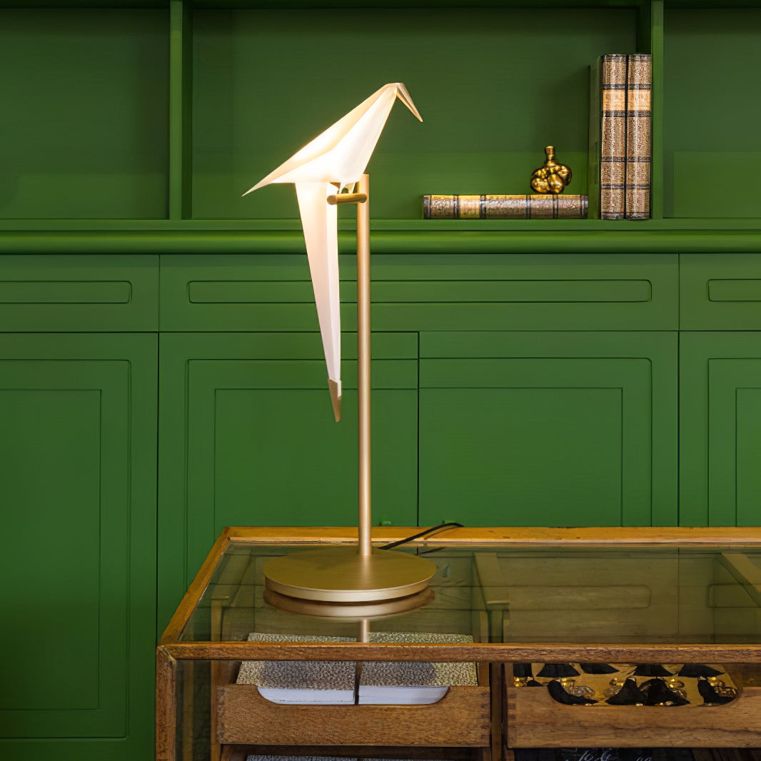 Paper Crane Bird Table Lamp | Integrated LED | Gold & White