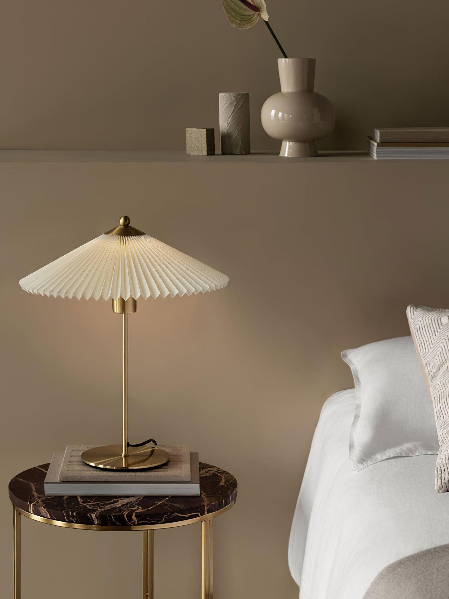 Pleated Table Lamp | Brushed Gold Base & Beige Shade | 36cm Diameter