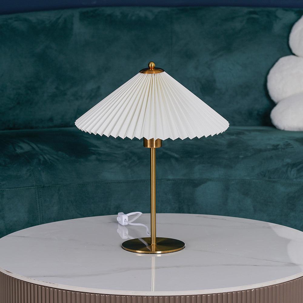 Pleated Table Lamp | Brushed Gold Base & Beige Shade | 36cm Diameter