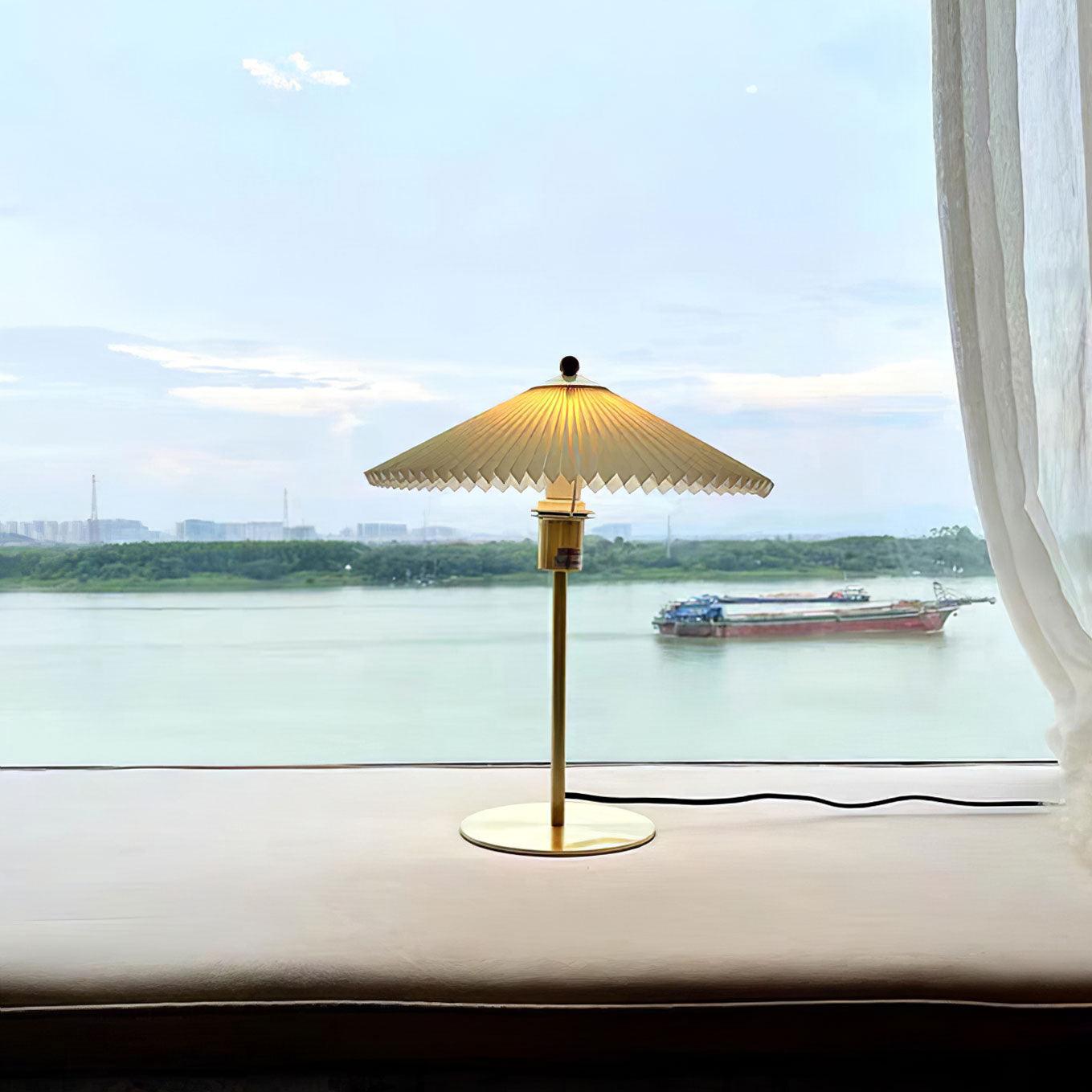 Pleated Table Lamp | Brushed Gold Base & Beige Shade | 36cm Diameter