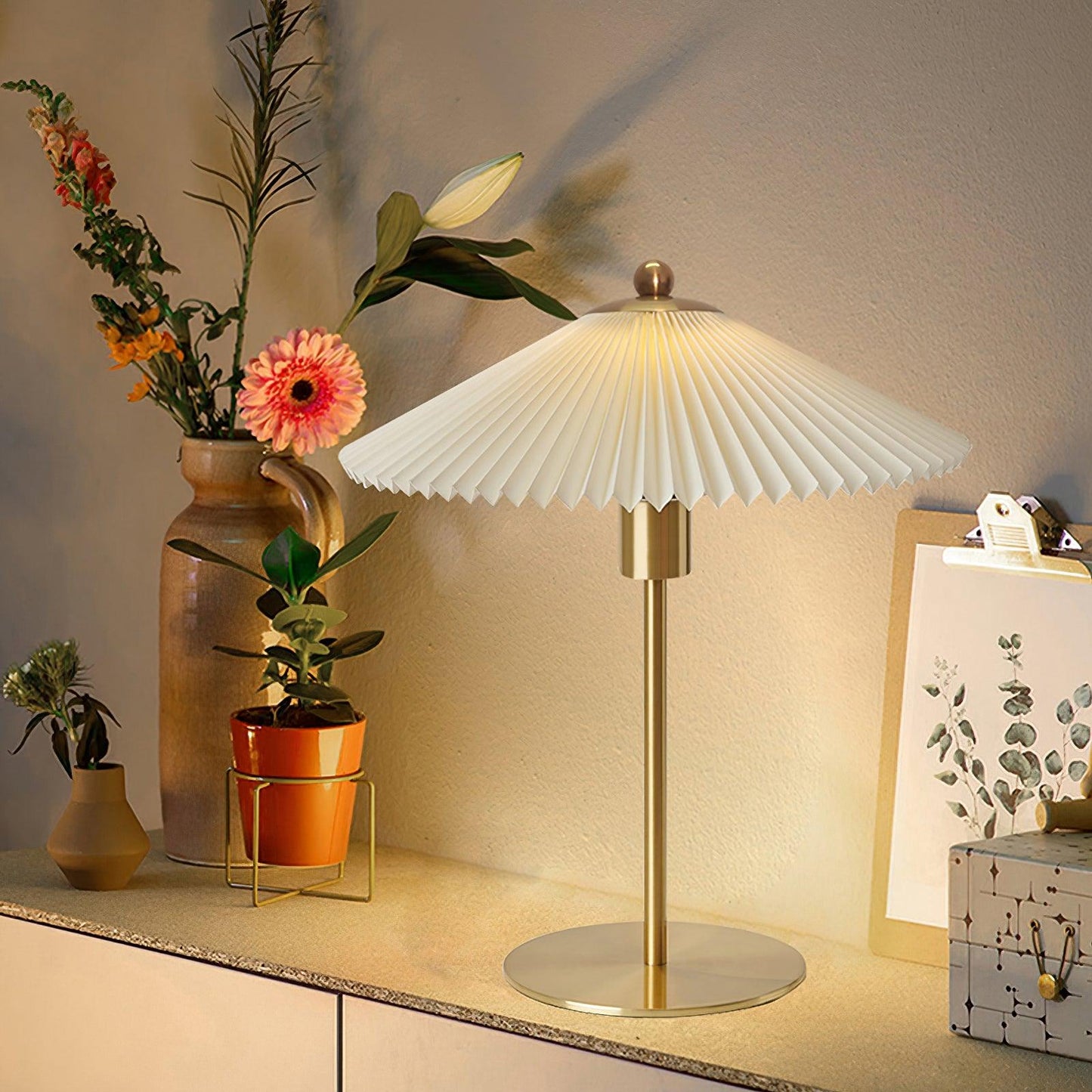 Pleated Table Lamp | Brushed Gold Base & Beige Shade | 36cm Diameter