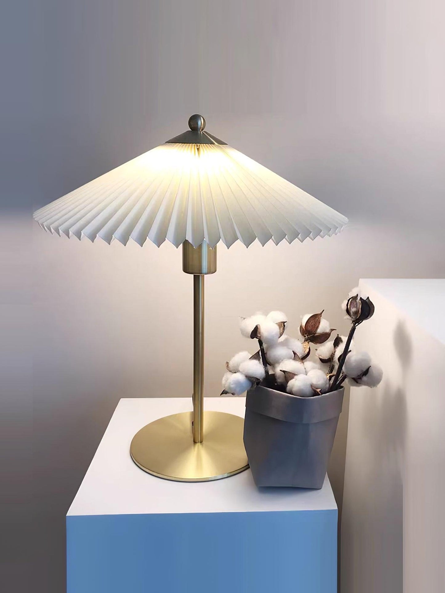 Pleated Table Lamp | Brushed Gold Base & Beige Shade | 36cm Diameter