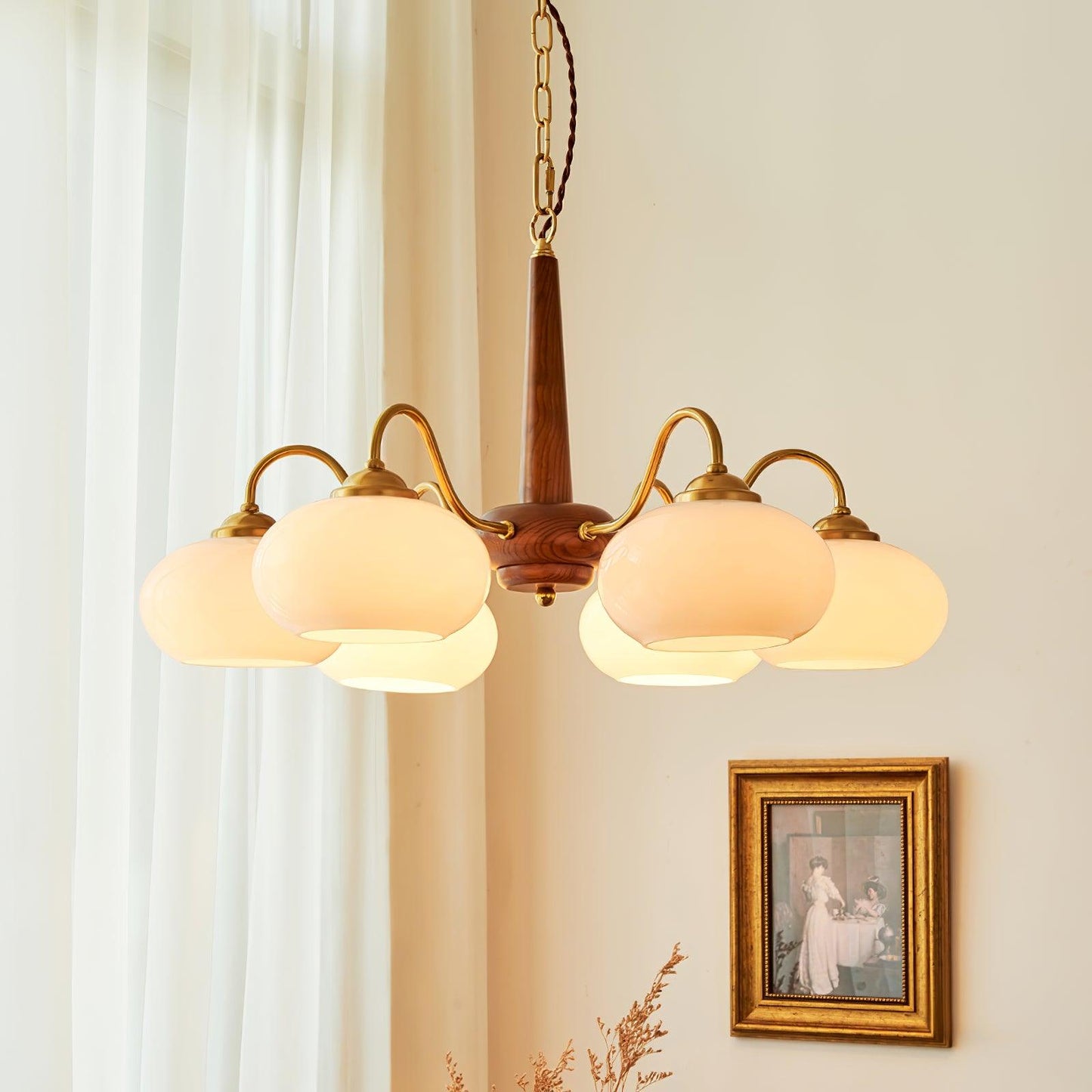 Persimmon Chandelier | Wood & Metal | Gold & Walnut Retro Style