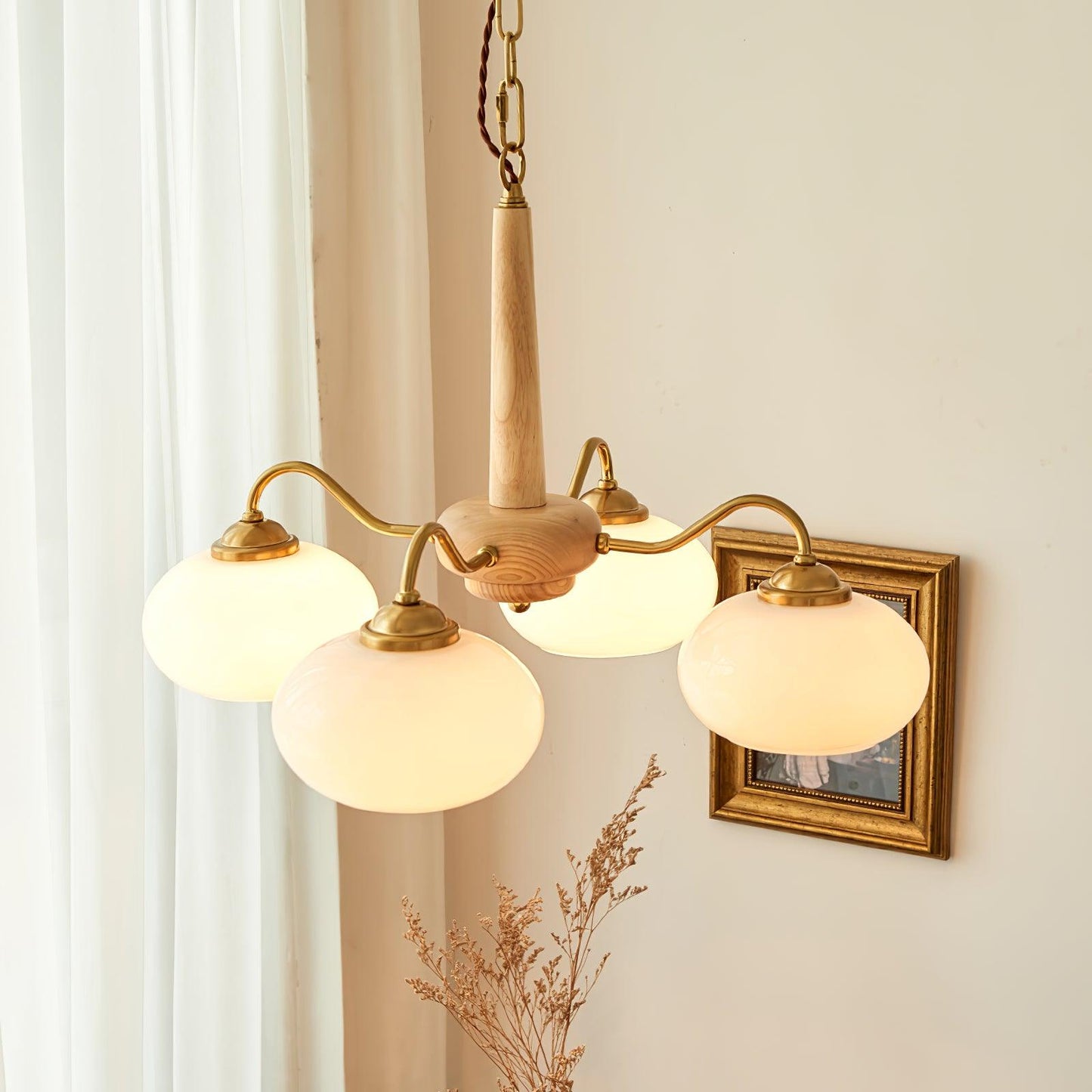 Persimmon Chandelier | Wood & Metal | Gold & Walnut Retro Style